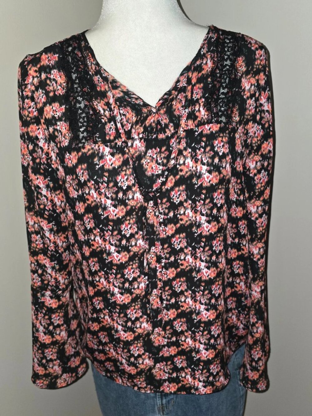 Floral lace accent peasant blouse boho top
